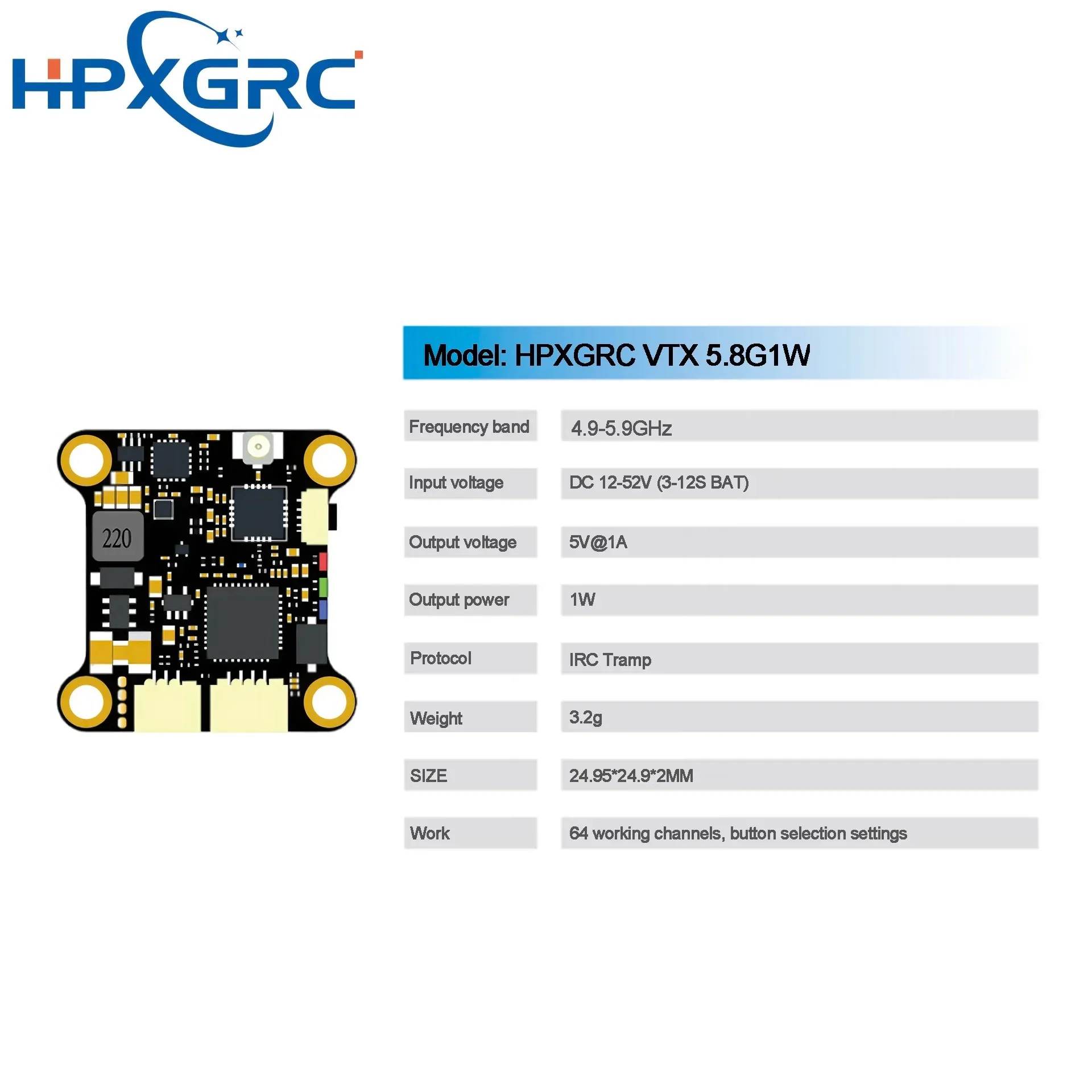 Émetteur Vidéo 5.8G 1W FPV pour Drone RC - HPXGRC VTX IRC Tramp
