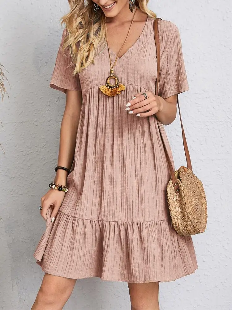 Elegant V Neck Ruffle Mini Dress - Womens Casual Summer Sundress