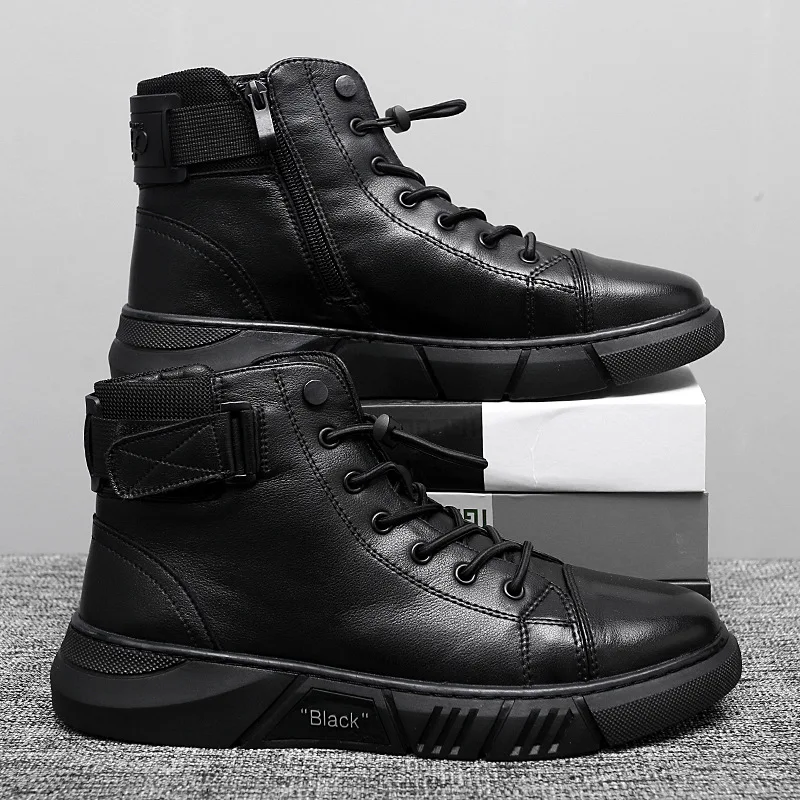

Ankle Boots Black PU Leather Men Shoes Autumn Winter Comfortable High-top Casual Shoes Fashion Leahter Platform Boots Man