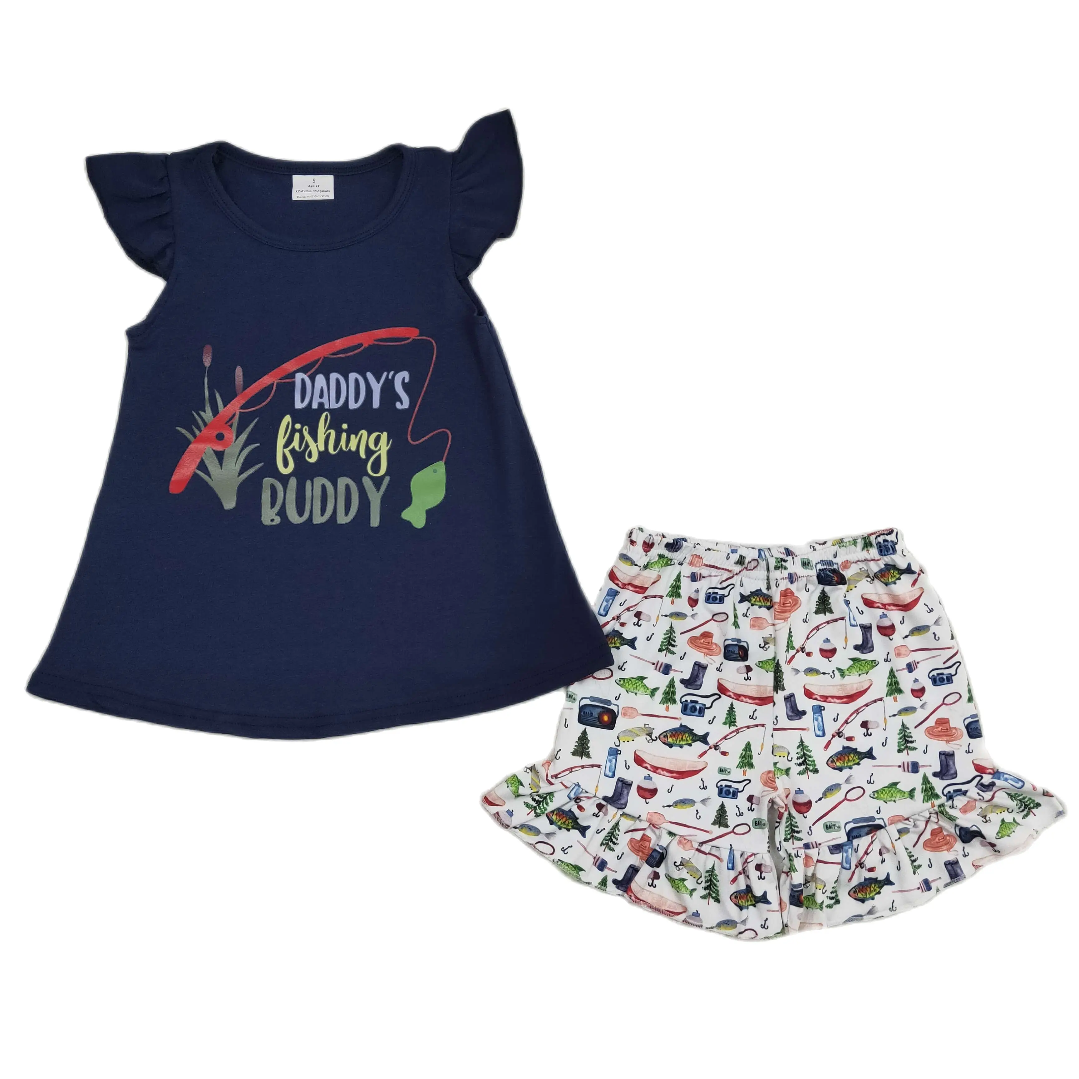 

N​ew Products RTS Daddy's Fishing Girls Outfits Kids Summer Navy Clothes Baby Boutique Shorts Sets
