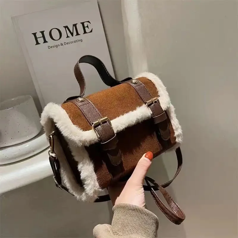 

Women Lamb Plush Velvet Crossbody Bags Winter Fashion Shoulder Bag Lady shopping Simple Korean soft Small Square Handbag