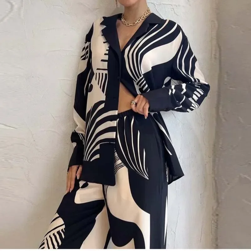 2024 New Fashion Graffiti Casual Style Printed Loose Wide Leg Pants Two Piece Set Two Piece Sets Womens Outifits Shirts