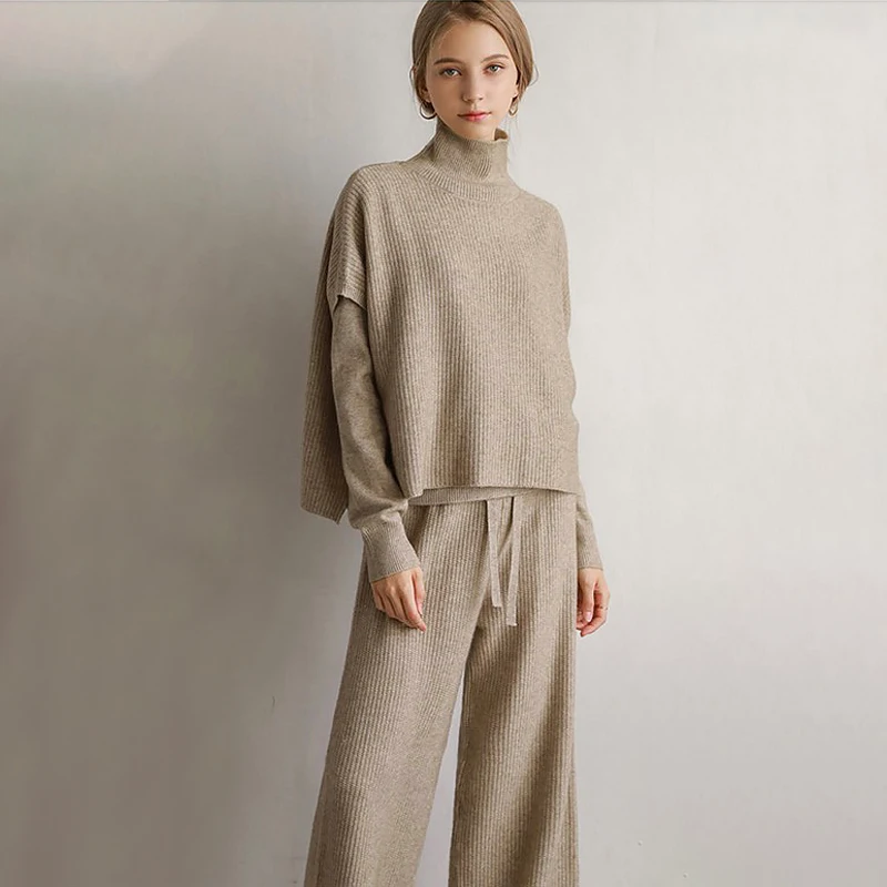 

Женский Зимний вязаный свитер, жилет с широкими штанинами, комплект из 3 предметов, офисный Женский костюм с высоким воротником, вязаный комплект, новый свитер для женщин
