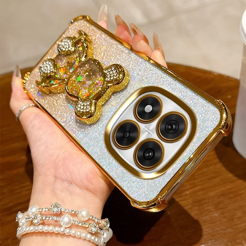 Luxury Glitter Bear Holder Case with Shockproof Bracket Stand and Plating Finish