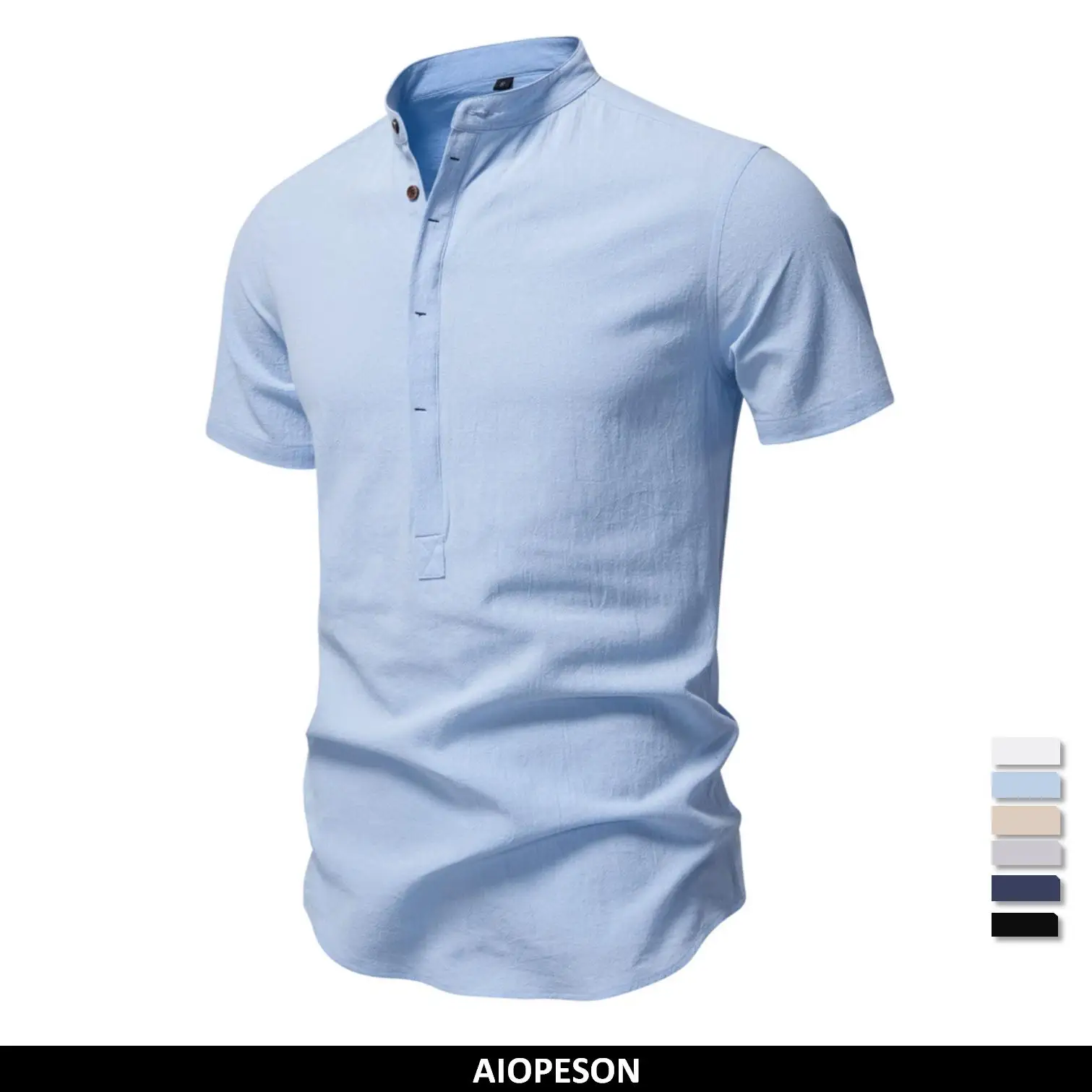 AIOPESON Men's casual short sleeved shirt Short Sleeve Solid Color Linen Shirt Turn Down Collar Casual Summer Breathable Comfort Shirts for Men