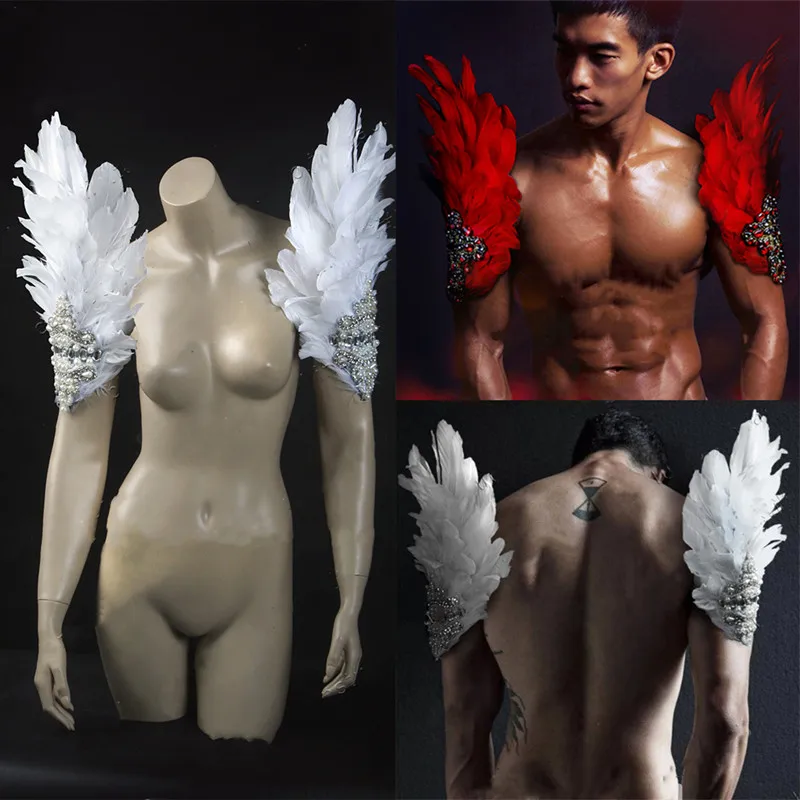 

Arm Gloves Performance Accessories Stage Male Female DJ Singer Gogo Dance Costume Red White Feather Rhinestone Shoulder Ornament