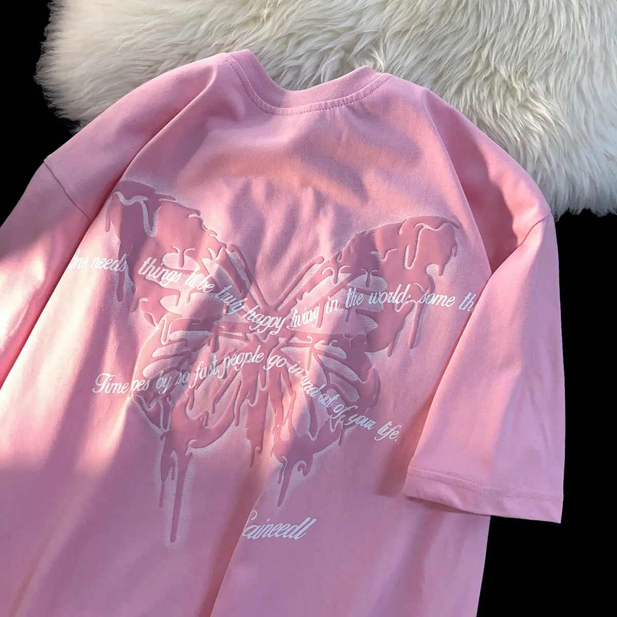 Koszulka American Creative Butterfly Letter z okrągłym dekoltem i krótkim rękawem, męska i damska, letnia, bawełniana, luźna, dla pary Y2k358_voghion.com