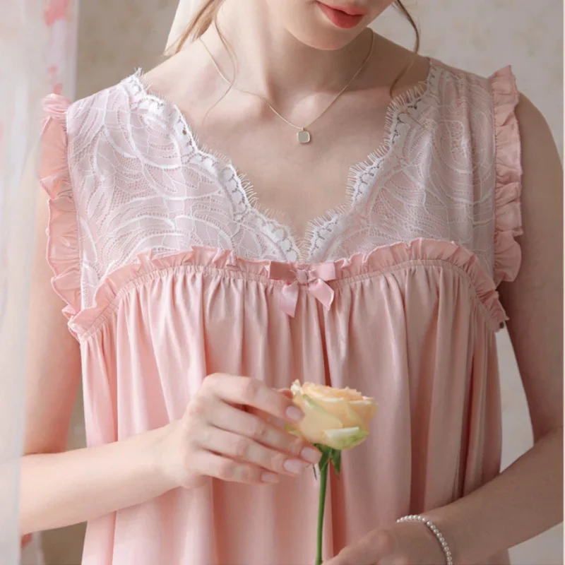 Women Cotton Sleepwear Sexy Lace Ruffles Sleeveless Kawaii Nighty