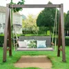 2-Person Patio Porch Swing Chair, Outdoor Rattan Swing Bench with Acacia Wood Armrests & Two 118” Hanging Ropes 2