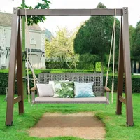 2-Person Patio Porch Swing Chair, Outdoor Rattan Swing Bench with Acacia Wood Armrests & Two 118” Hanging Ropes 2