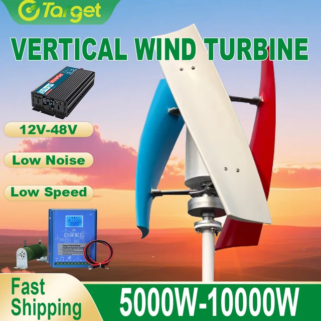 กังหันลมติดตั้งบนบ้านแบบแนวตั้ง 3 ใบพัด 10000W 5000W 8000W 12V 24V 48V ความเร็วลมเริ่มต้นต่ำ พร้อมตัวควบคุมแบบไฮบริด 1