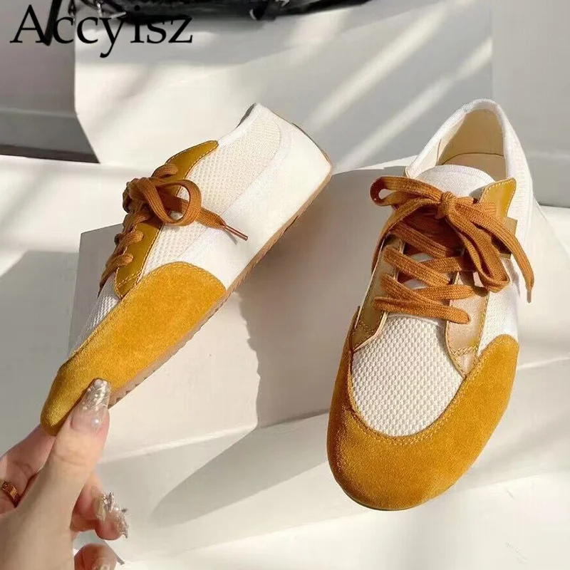 

New Round Toe Thick Sole Flat Shoes Women Lace Up Breathable Sneakers Mixed Color Casual Shoes Summer Patchwork Walking Shoes