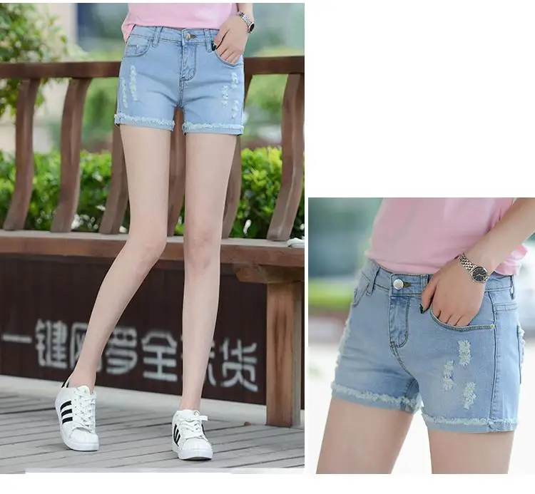 Botão de Cintura Mulher Verão Alta Nova Denim Shorts Feminino Elástico Fino Versão Coreana Magro Estudante Streetwear Rasgado Borda Calças 8 Computers & Electronics