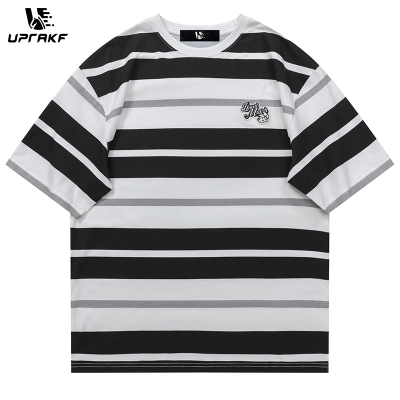

UPRAKF Striped T Shirt Cotton Casual Hip Hop Streetwear Summer Short Sleeve Harajuku American Retro Loose Tees Color Contrast