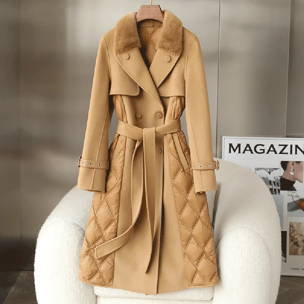 

Luxury Women Down Jackets Patchwork Double-sided Cashmere Overcoat Winter Thick Warm White Goose Down Caots Female Outerwear