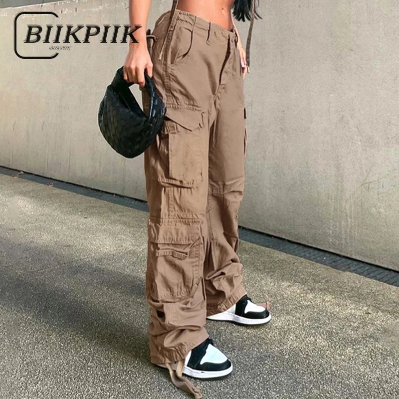 BIIKPIIK Cargo Retro Ruched Big Poakets Jeans Loose Low Waisted Denim Pants Streetwear Joggers Casual Fashion Women's Trousers