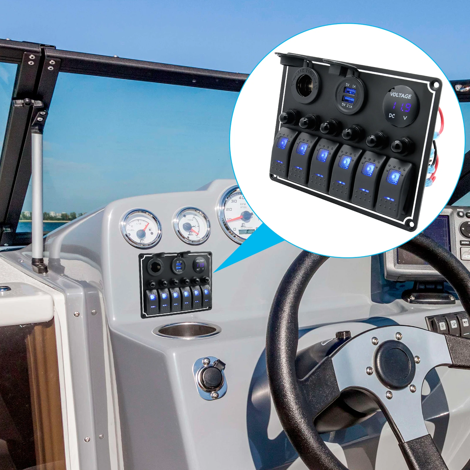 New 12 V~24V Dual USB Charging 6 Toggle Rocker Control Switch Panel  Waterproof Digital Voltmeter Circuit Breaker for Car Boat - AliExpress