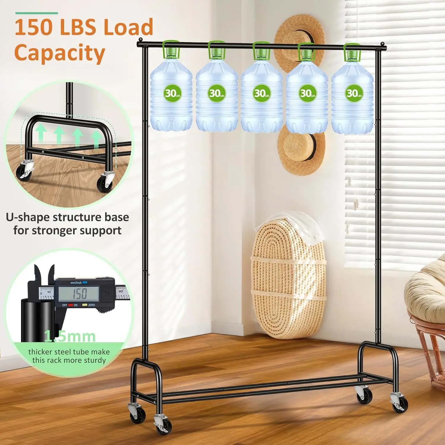 Heavy duty hanger, used for hanging hangers, 43 inch wide roll hanger, metal hanger with wheels used for storing various clothes 6