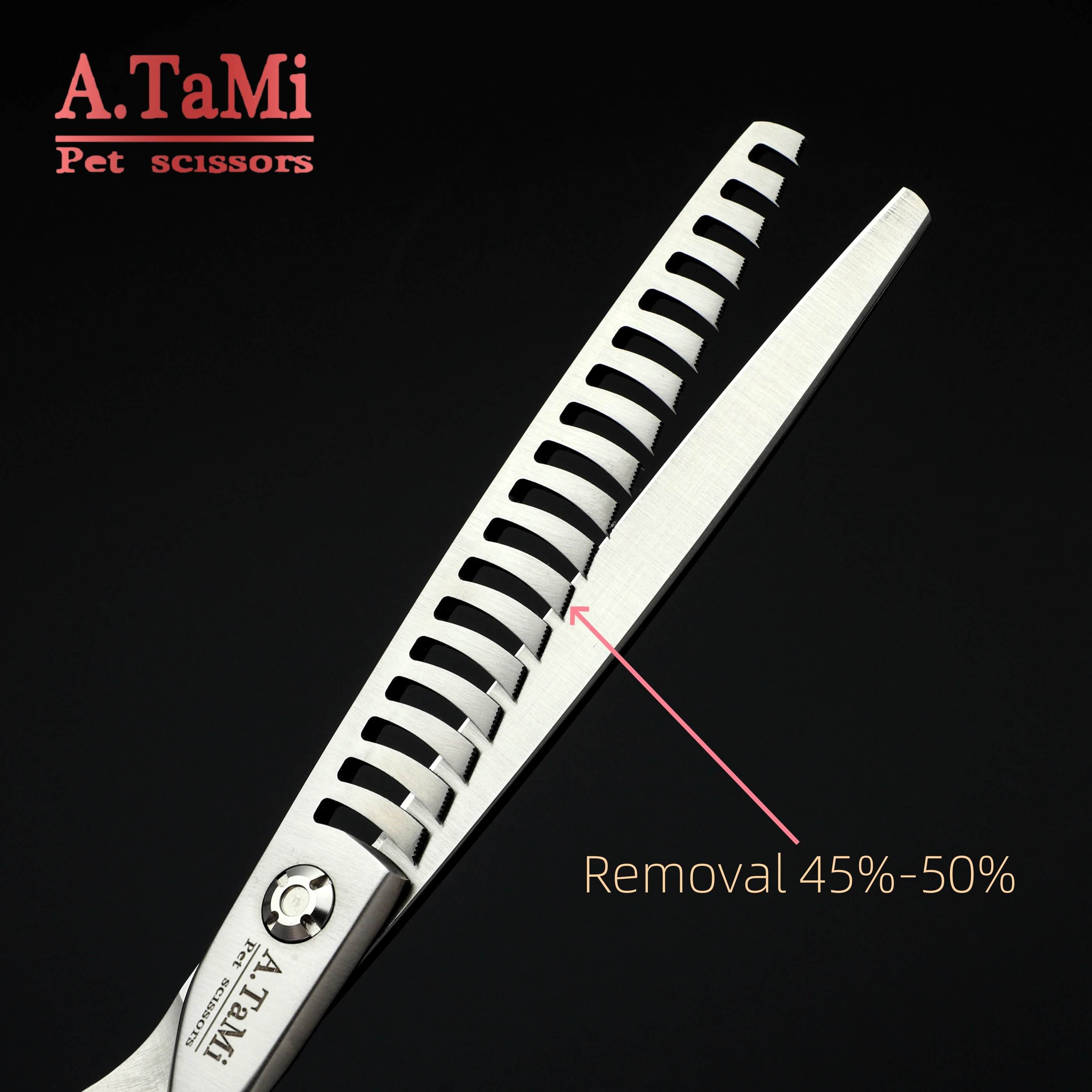 A.tami 7.0-7.5-8 Professionelle Tierpflegeschere, 55 %/70 % Effilierschere, gebogene Schere aus Hitachi 440c-Stahl, scharf und langlebig – Detail 11