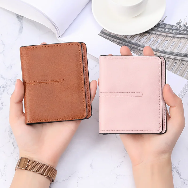 PU Leather Multi-card Short Wallet Simple Two-fold Thin Section Purses with Snap Solid Color Large Capacity Wallets for Woman women embossed leaves long wallet female pu leather tassel solid color coin purses ladies wristband large capacity card holder