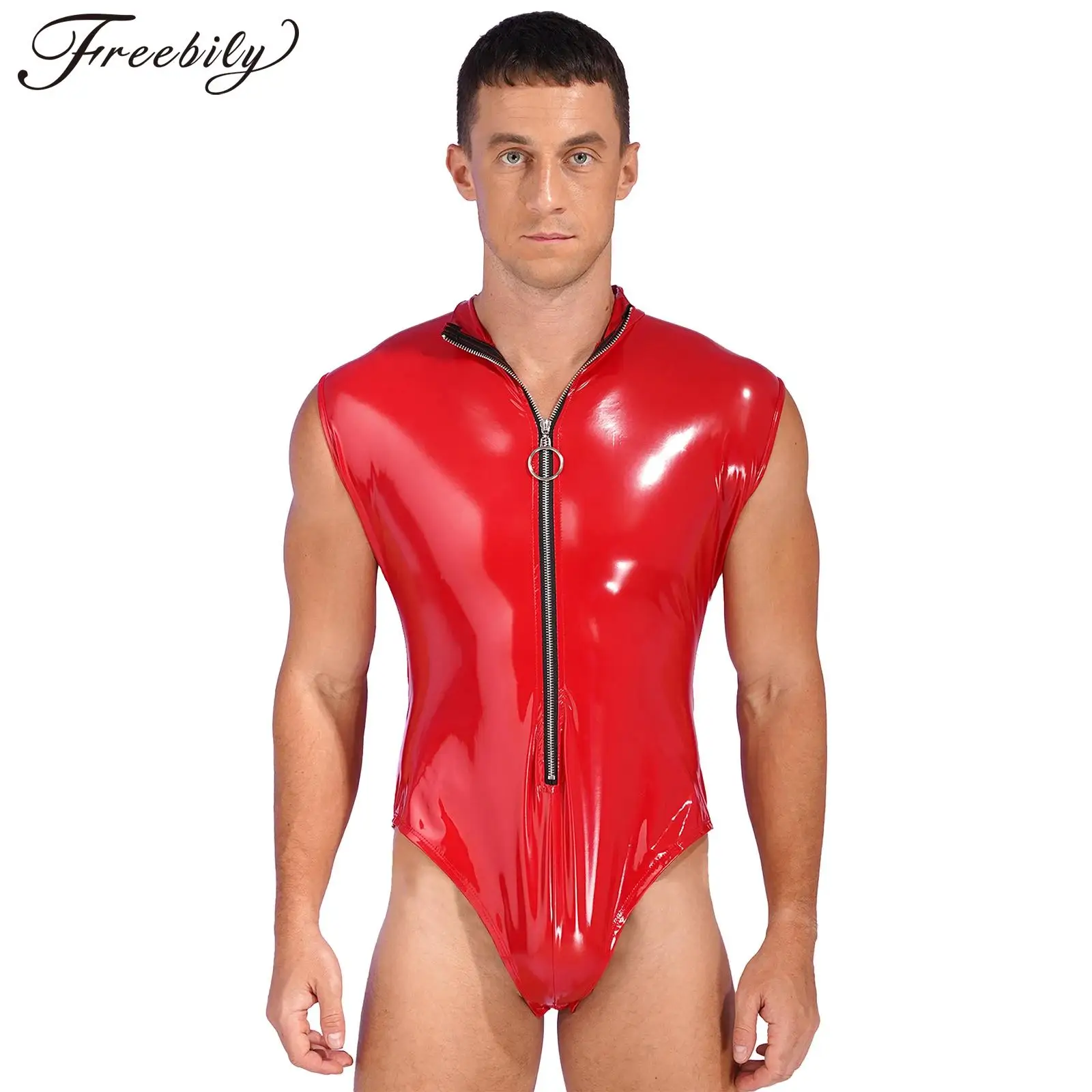 

Mens Fashion Zipper Sleeveless Bodysuit Stand Collar Leotard Glossy Patent Leather Clubwear Bodysuits Nightclub Male Jumpsuit