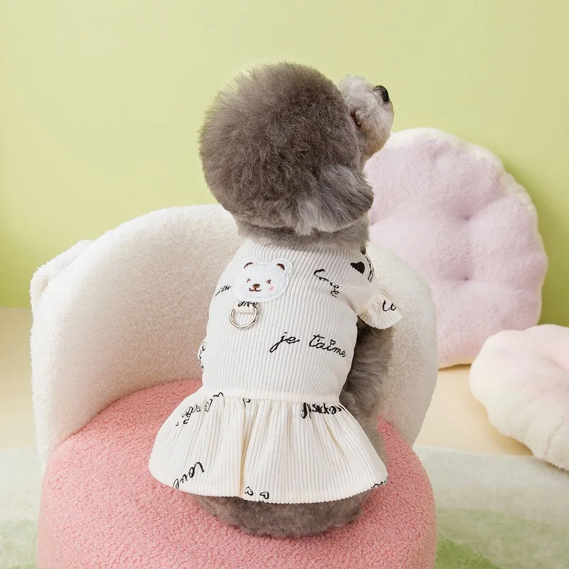 Cute Teddy Bear Dog Dress Luxury Corduroy Skirt Chihuahua Traction Harness Puppy Spring Clothes Carnival Costumes for Small Pets