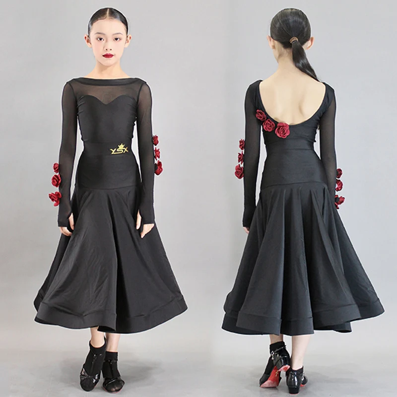 

2024 Girls Ballroom Dance Dress Flower Long Sleeves Black Tops Skirt Kids Waltz Performance Clothes Competition Dress DNV19986