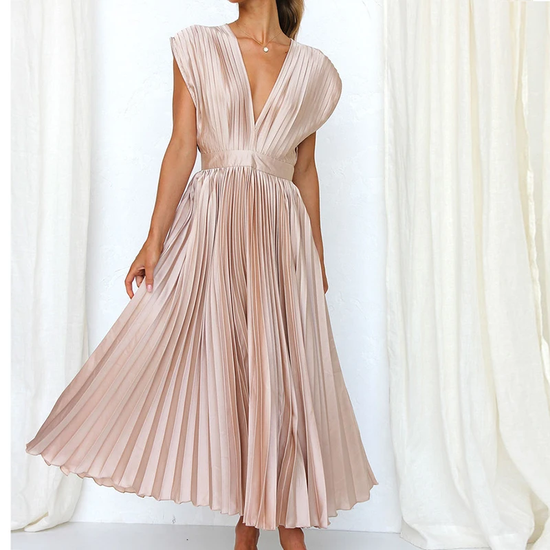 Elegant Women Deep V-neck Party Dresses 2024 Summer Sleeveless Long Pleated Dress Backless Evening Dresses Vestidos De Noche