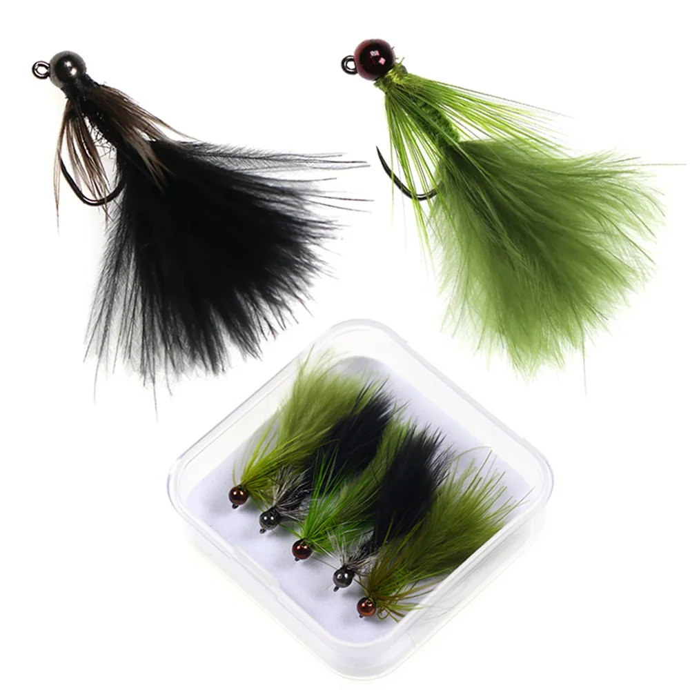 5 Stück # 12 Wolfram-Kugelkopf Woolly Bugger Widerhakenlose Jig-Nymphen-Streamer Fliegen für Forellen-, Lachs-, Hecht- und Barsch-Angeln Köder