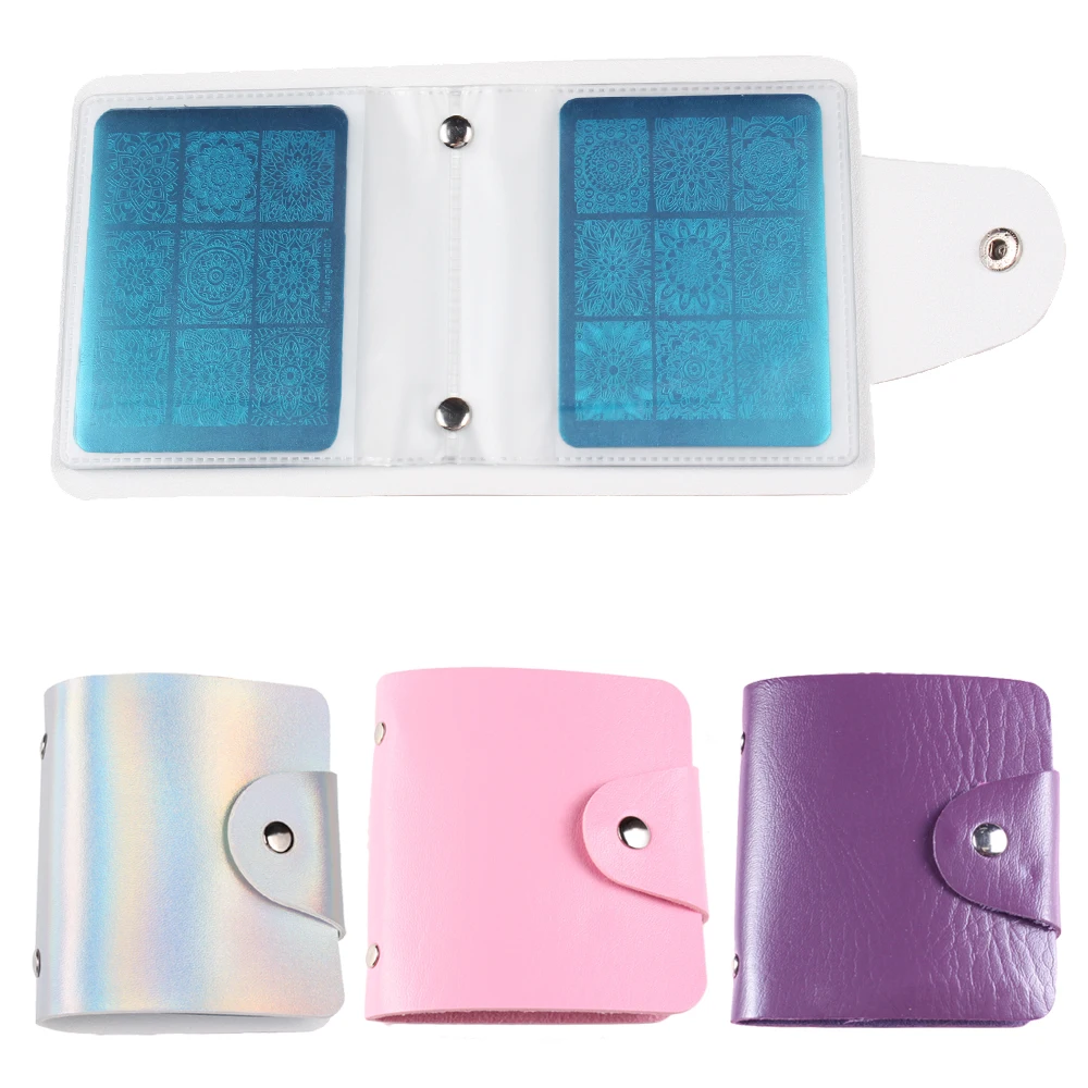 50Slot Laser Argento/Viola/Rosa/Blu Nail Stamping Plate Holder Case Square Rettangolare Nail Art Plate Organizer Storage Bag
