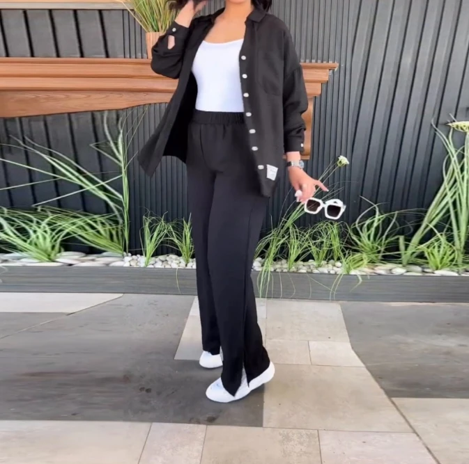 

Pants Set Women 2 Piece Fashion Loose Wrinkled Fabric Casual Elegant Long Sleeved Shirt and Split High Waist Wide Leg Pants Set