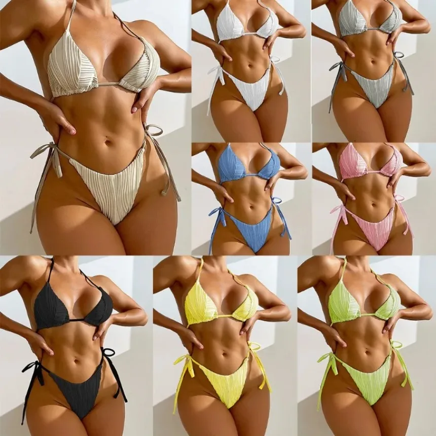 Women Sexy 2024 Micro Bikini Brazilian Sexy Stripe Solid Color Bikini Lace-up Split Swimsuit Women's Figure Display Bikini Set