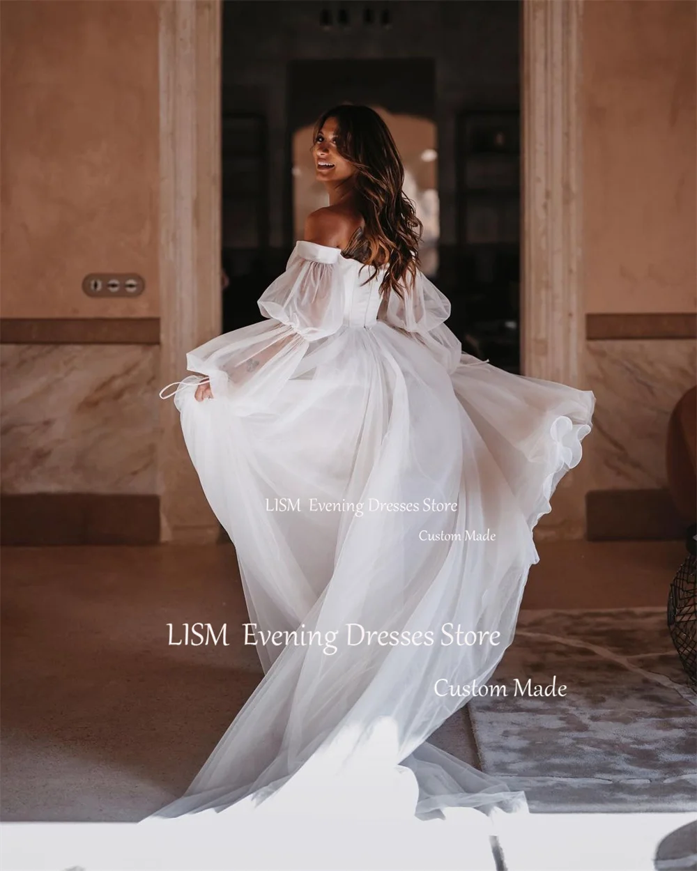LISM Elegant Sweethaert Beach Boho Wedding Dresses Fairy Tulle Long Puff Sleeve Draped Off Shoulder Bridal Gowns