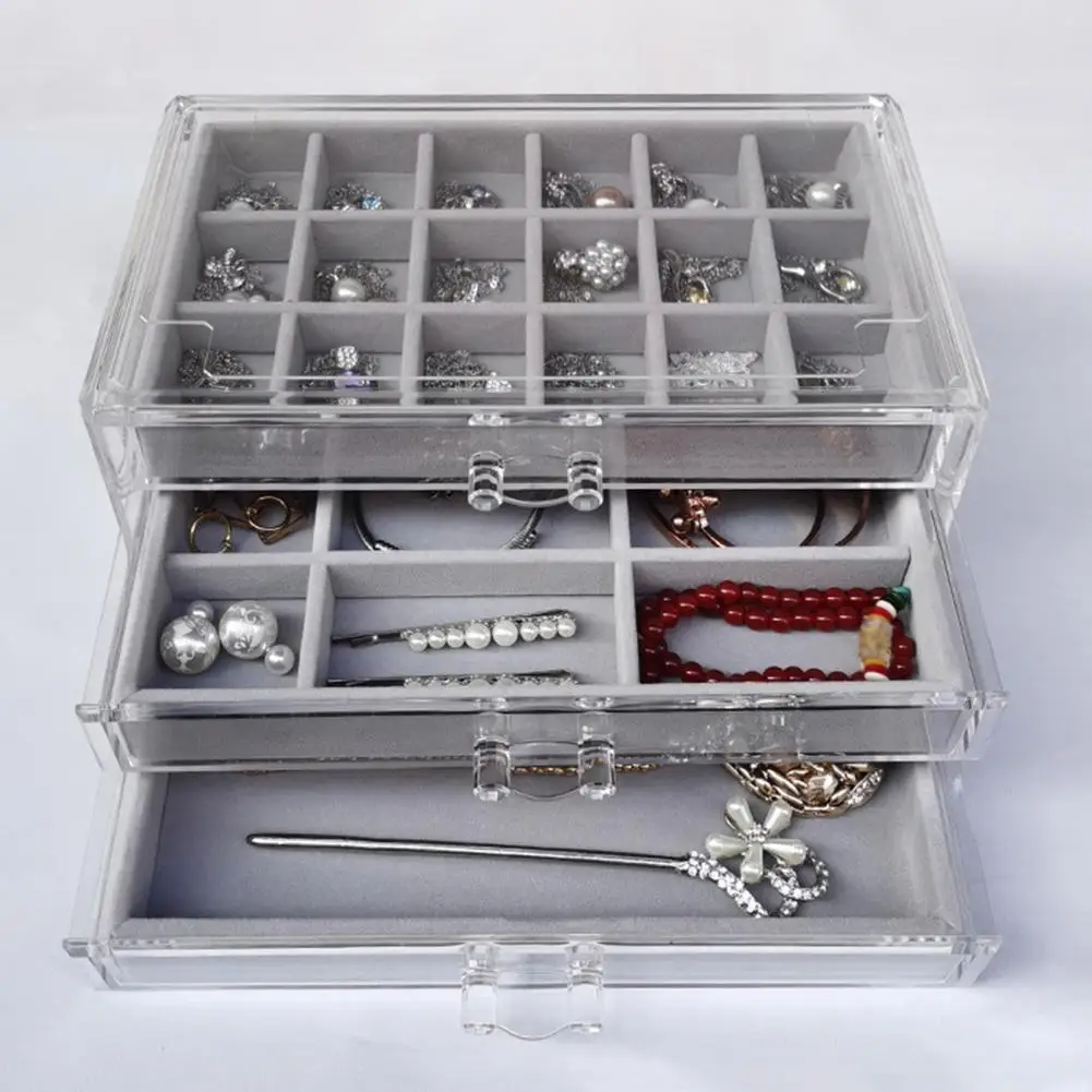 Jewelry Organizer with 3 Drawers Multi Compartment Earring Holder Adjustable Trays Dust-proof Clear Jewelry Box