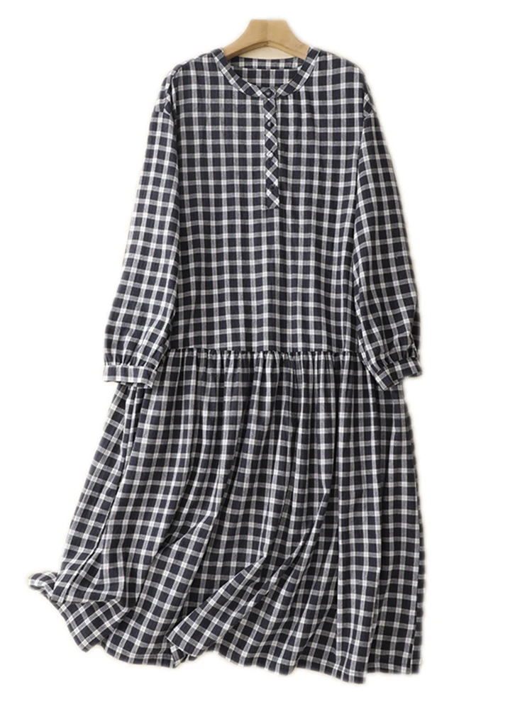 2025 Spring Autumn New Cotton Vintage Plaid Shirt Dresses For Women Long Sleeve Casual Loose Office Work Dress Elegant Clothing