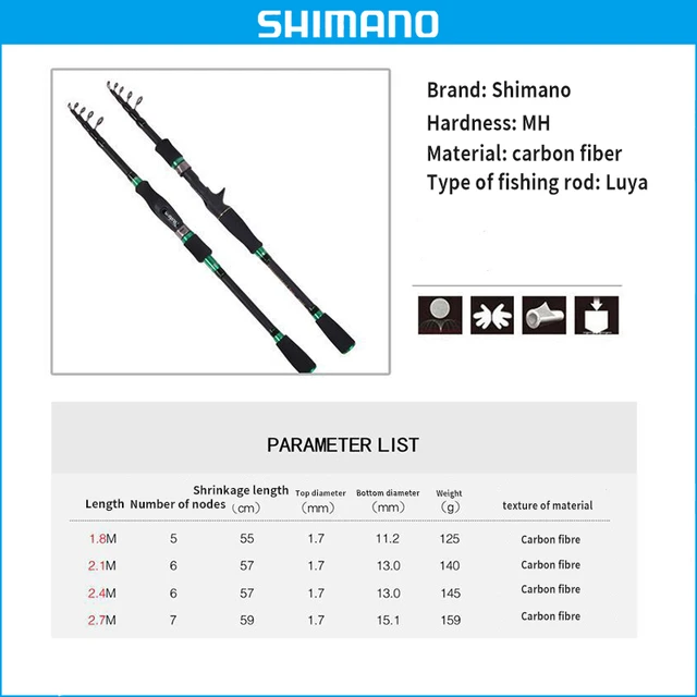 Shimano Carbon fibre Steel Rod Carbon Spinning Casting Fishing Rod with 1.8m /2.1m/2.4m Baitcasting Rod for Bass Pike Fishin Gun grips 1.8 m