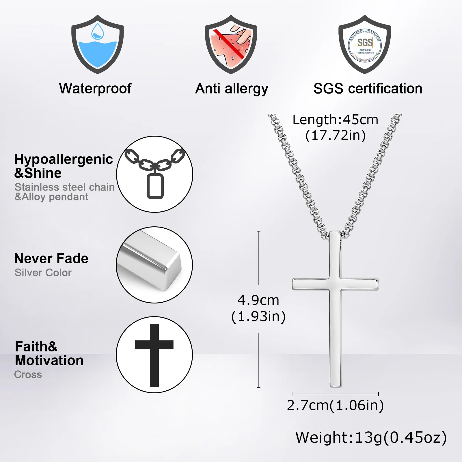 Basic Punk Cross Necklace for Men,Silver Color Metal Cross Pendant Necklace with Gift Card,Male Sweater Chain