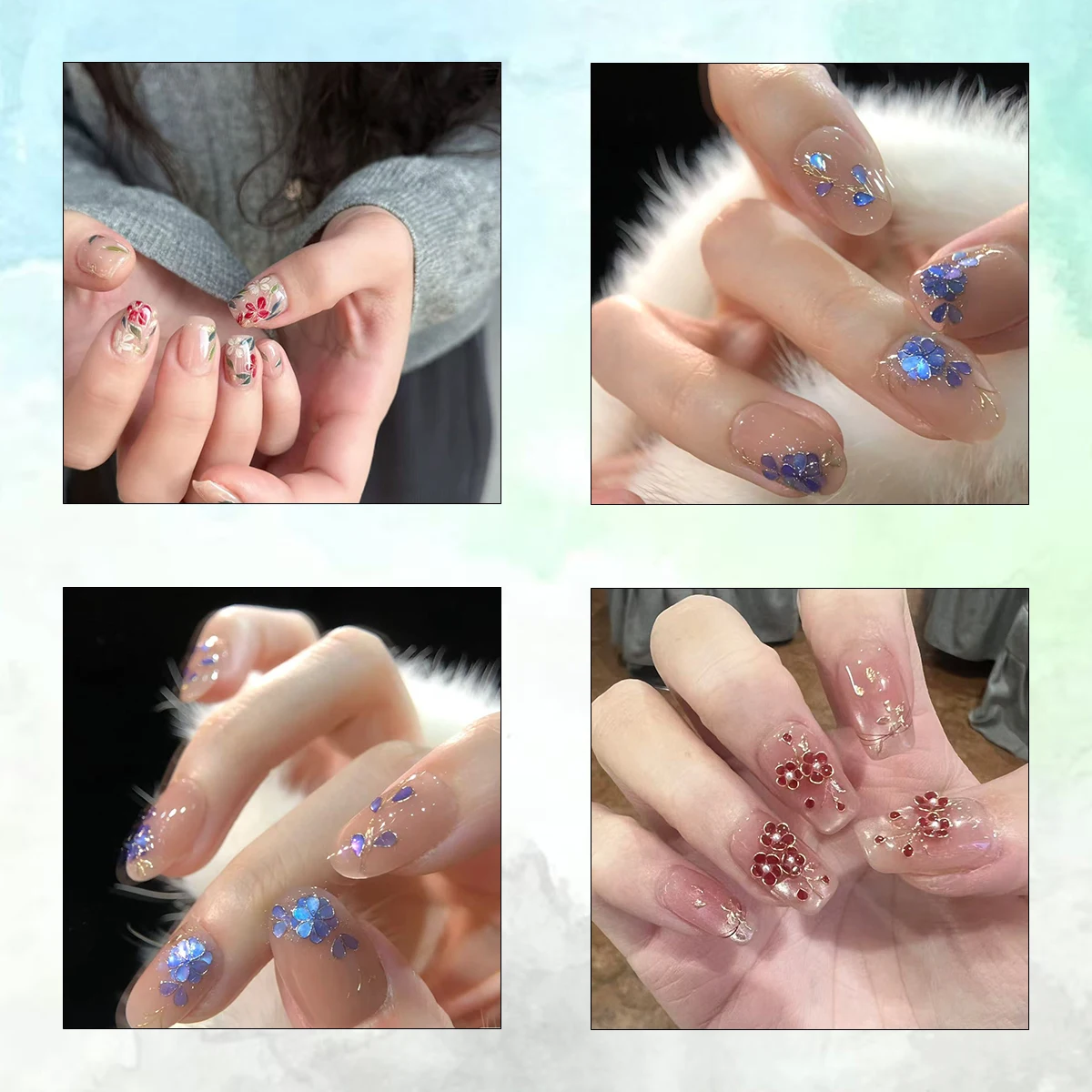 3/6/12 시트 골드 포일 플로럴 네일 아트 스티커 블루 핑크 퍼플 플라워 네일 데칼 럭셔리 프렌치 DIY 매니큐어 디자인