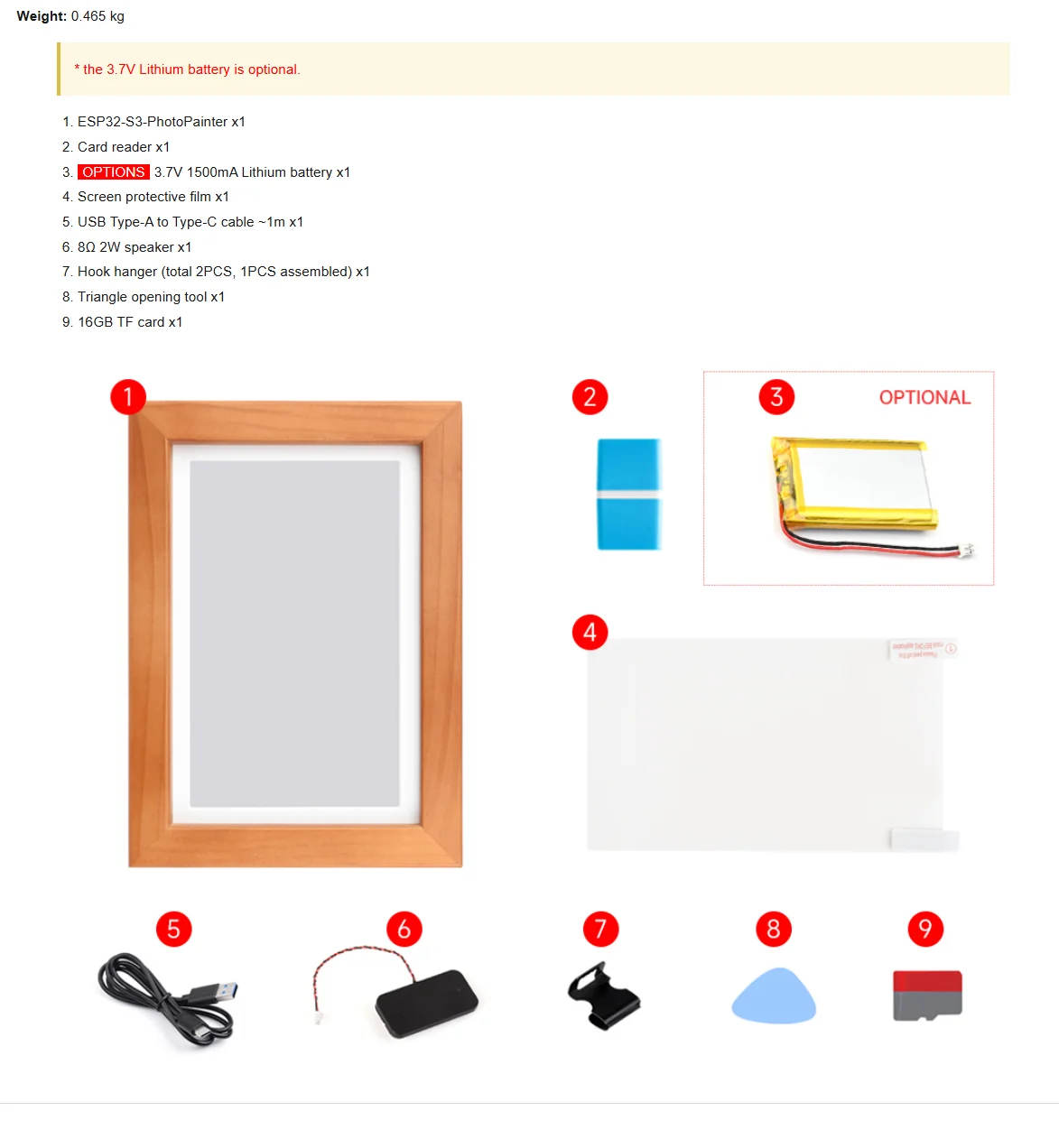 Waveshare ESP32-S3 PhotoPainter: 7.3" E6 E-Paper Display in Wood Frame, 800×480,