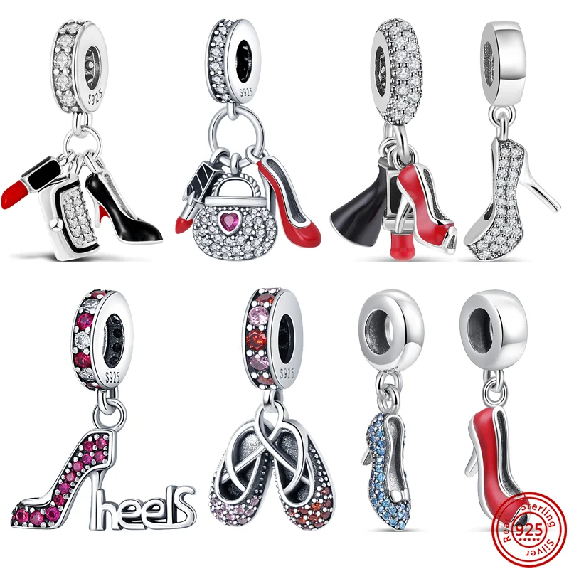 

New 925 Sterling Silver Red High Heels Lipstick Handbag Embroidered Shoes DIY Beads Fit Original Pandora Charms Bracelet Jewelry