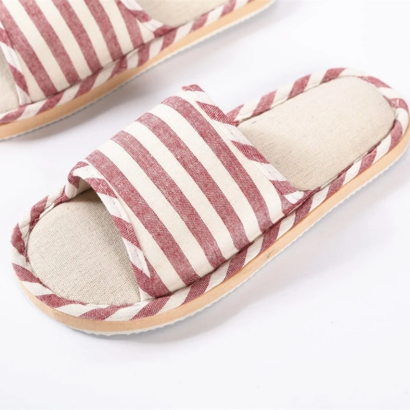 Women Cozy Flat Linen Shoes Autumn Men Indoor Home Linen Slides Four Season Floor Flip Flops Adults Comfortable Striped Sandals 5