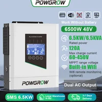 POWGROW Onduleur Solaire Hybride 12KW 6.5KW 5KW 3.6KW Double Sortie MPPT 220V 24V 48V Entrée PV Max 500V Chargeur Solaire 160A avec BMS 3