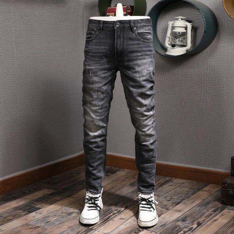 italian vintage fashion men jeans high quality retro blue elastic cotton slim ripped jeans men distressed designer denim pants Italian Style Fashion Men Jeans High Quality Retro Black Gray Elastic Slim Ripped Jeans Men Vintage Designer Denim Pants Hombre