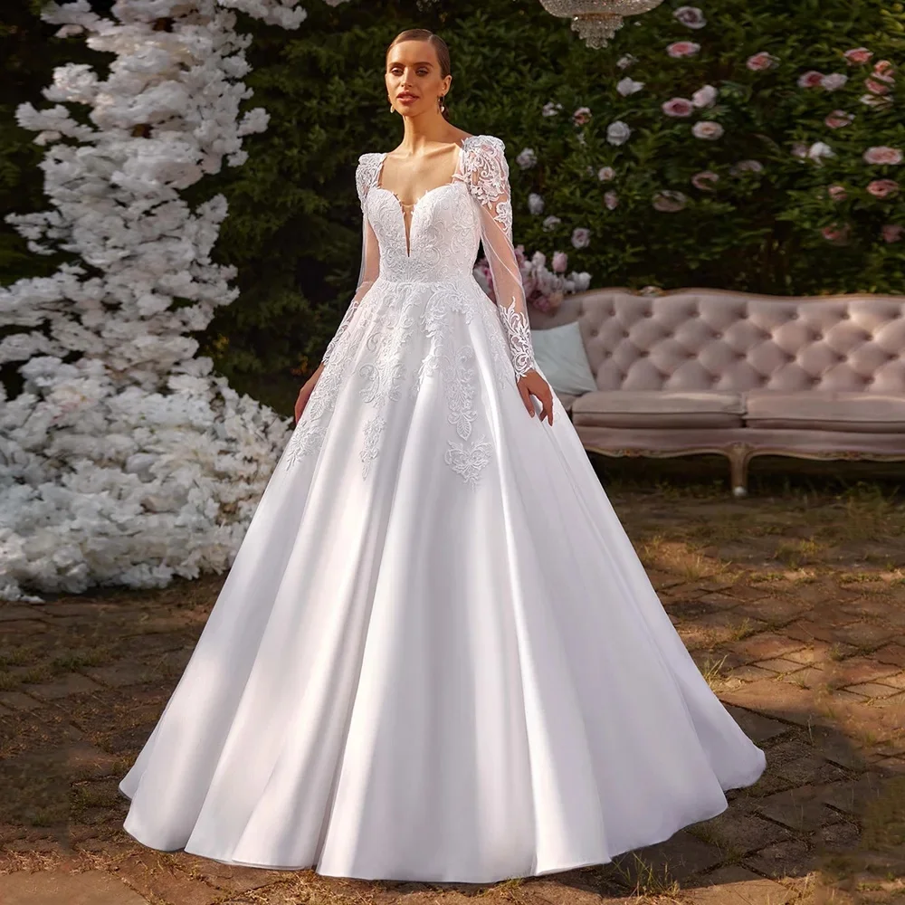 

Deep V-Neck Vestidos De Novia Backless Full Sleeves Princess A Line Wedding Dresses Appliques Vestido De Noiva