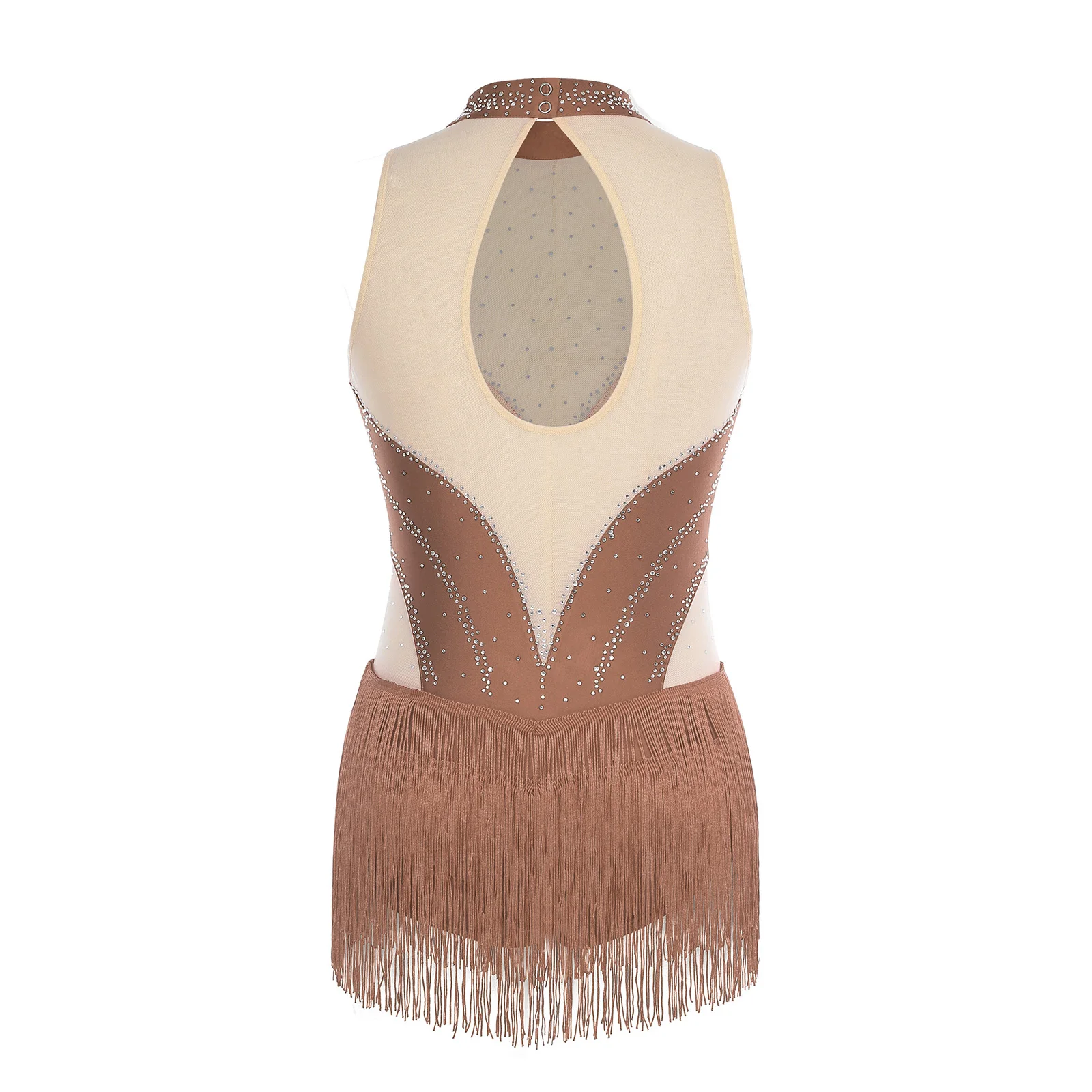 Damen Gymnastik Künstlerisches Eiskunstlauf-Ballett-Trikot-Kleid mit Strasssteinen, durchsichtiges Mesh, lyrisches Latin-Tanz-Bodysuit-Kleid – Detail 22