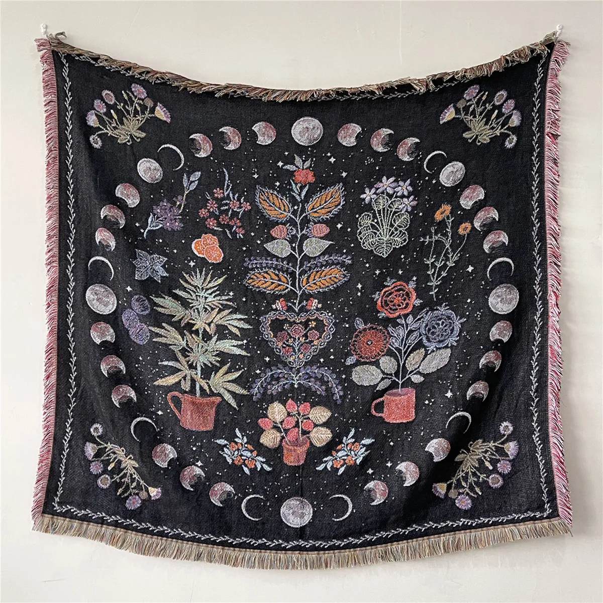 Moon Phase Blankets Plaid Tapestry Wall Hanging Tassels Linen Dorm Decor Starry Sky Rug Carpet Sofa Mats 130x150CM |