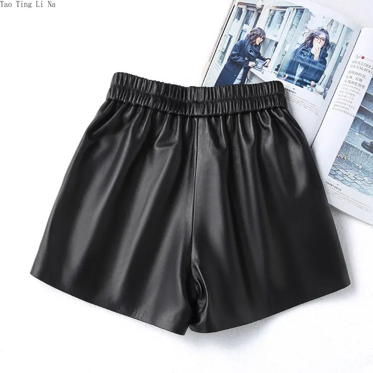 2023 Women Genuine Sheepskin Leather  Shorts Elastic Waist Slim Wide Leg Shorts S9