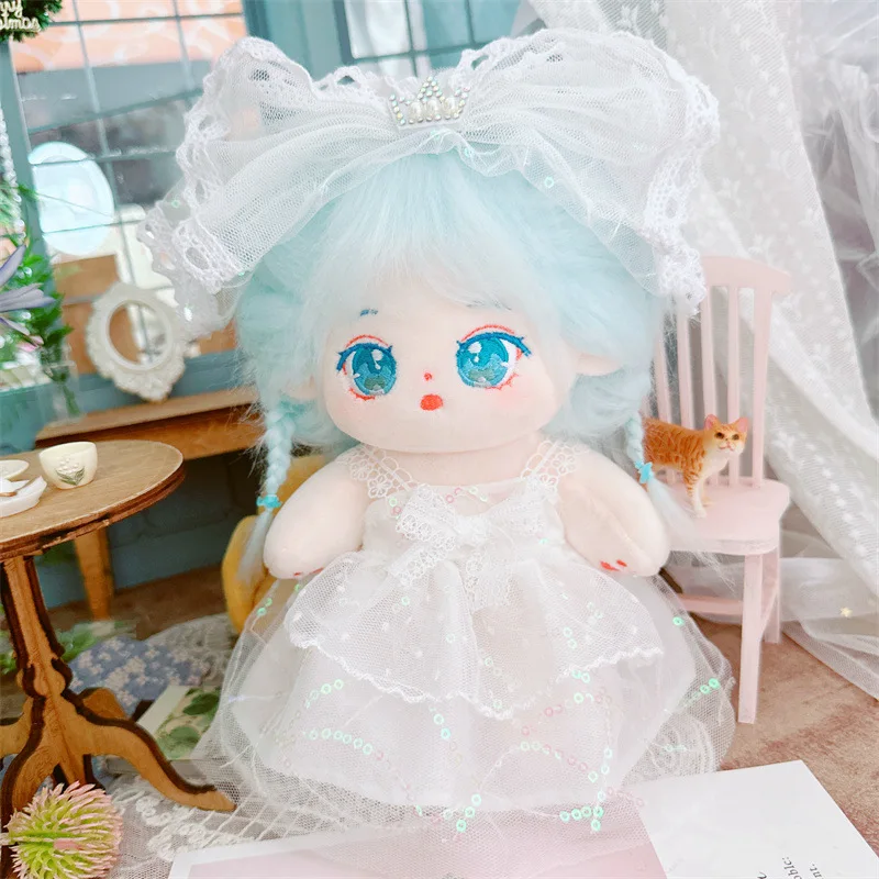 20cm Kawaii Blue Hair IDol Doll Cute Wear Wedding Dress Plush Doll Customization Figure Toys Cotton Baby Plushies Fans Gifts