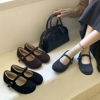 Autumn Winter Vintage Women Fleece-lined Flats Comfort Round Toe Soft Sole Shoes Outdoor Warm Short Plush Mary Jane Shoes