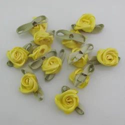 Vibrant Fabric Ribbon Rose Rosettes with Leaf - Set of 50 Flower Embellishments for DIY Crafts & Sewing Supplies (12 yellow)